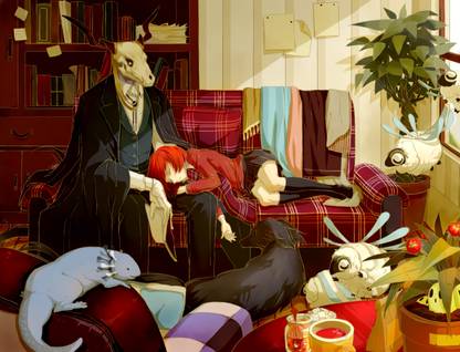 Athah Anime The Ancient Magus' Bride Chise Hatori Elias Ainsworth Short Hair Red Hair Horns Dog Salamander Creature Skirt Thigh Highs Mahoutsukai no Yome 13*19 inches Wall Poster Matte Finish Paper Print