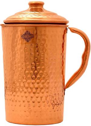 IndianArtVilla Set of 1 Pure Copper Hammered Jug Pitcher 2100 ML with 2 Mathat Glass Tumbler Cup 375 ML each - Storage Water Home Hotel Restaurant Good Health Benefit Yoga Jug Glass Set