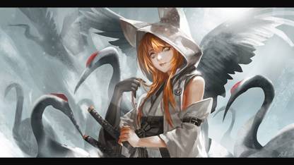 Athah Anime Pixiv Fantasia T Pixiv Fantasia Girl Long Hair Blonde Fantasy Animal Ears Hoodie Green Eyes Lips Animal Katana Weapon Wings Glove Yukata Japanese Clothes Smile Digital Art 13*19 inches Wall Poster Matte Finish Paper Print