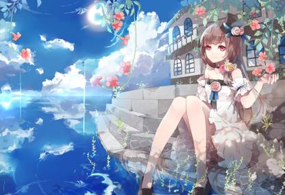 Athah Anime Original Girl Flower Water Reflection Sun Top Hat Dress Long Hair 13*19 inches Wall Poster Matte Finish Paper Print
