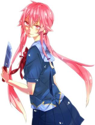 Athah Anime Mirai Nikki Future Diary Yuno Gasai Girl Long Hair Twintails Pink Hair Weapon Knife Blush Pink Eyes School Uniform Skirt 13*19 inches Wall Poster Matte Finish Paper Print