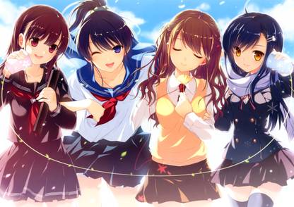 Athah Anime High School Girls Girl Short Hair Long Hair Ponytail Brown Hair Yellow Eyes Purple Eyes Smile Wink Blush Skirt School Uniform Black Hair Red Eyes Thigh Highs Ribbon 13*19 inches Wall Poster Matte Finish Paper Print