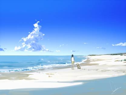 Athah Anime Original Cloud Black Hair Animal Beach Dog Girl 13*19 inches Wall Poster Matte Finish Paper Print