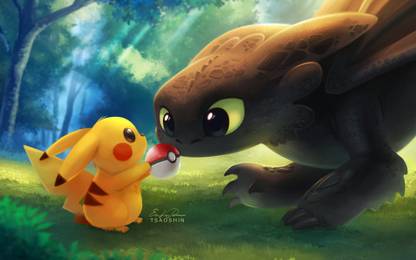 Akhuratha Poster Movie Crossover How To Train Your Dragon Toothless Pokémon Pikachu Pokeball Forest HD Wallpaper Background Fine Art Print