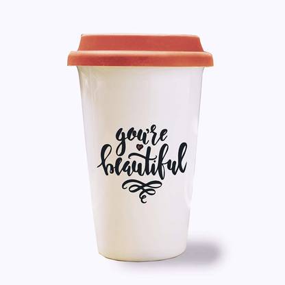 iKraft Travel with Lid, You are Beautiful Quotes Printed Tumbler 350ml Ceramic Tumbler