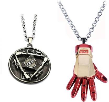 LADY HAWK Avengers Iron Man Repulsor Key Arc Reactor & Pubg Silver Sniper Rifle Rotating Ring Pendant With Chain Metal Pendant Set