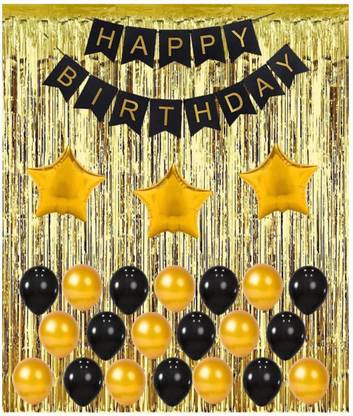 FANEX Solid 1 happy birthday black banner, 1 foil Fringe Shiny Curtains, 3 foil star, 25 Metallic Balloon (Black and Gold) Balloon