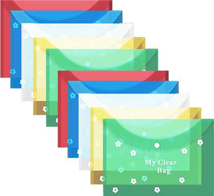 GREATDIO Polypropylene A4 Flower Document File Bag, Transparent Envelope Holder Storage Case, Snap Button Organizer, Clear Plastic Container for Papers, Stationery - 10 Pack