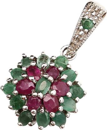 The Sparkle Story Ruby & Emerald Round Shape Sterling Silver Pendant Sterling Silver Ruby, Emerald Sterling Silver Pendant