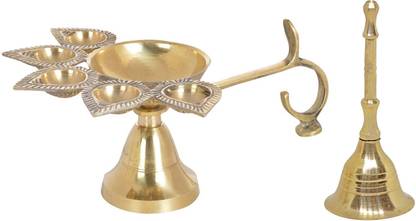 FULLY New Arrival Deepak Aarti With Bell, Brass Diya Brass (Pack of 2) Table Diya
