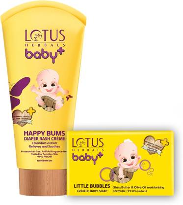 LOTUS HERBALS Baby+ Happy Bums Diaper Rash Crme 100 gms & Little Bubbles Gentle Baby Soap 75 gms