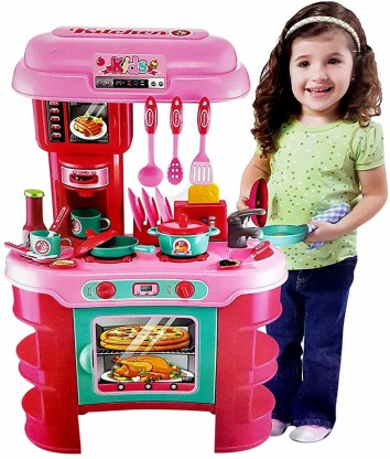 Pink LIOOBO Kids Cooking Kitchen Set Tableware with Light Music Stove Playsets