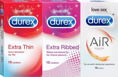 DUREX Honeymoon Pack Extra Thin, Extra Ribbed, Air Ultra Thin (30 Pieces) Condom