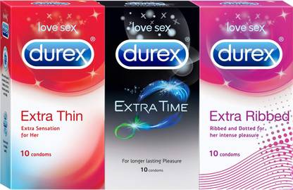 DUREX Honeymoon Pack Extra Thin, Extra Time, Extra Ribbed (30 Pieces) Condom