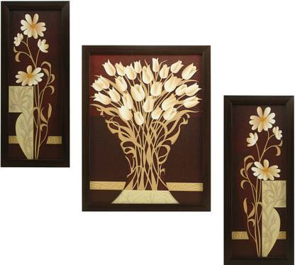 Indianara 3 PC SET OF FLORAL PAINTINGS WITHOUT GLASS 5.2 X 12.5, 9.5 X 12.5, 5.2 X 12.5 INCH Digital Reprint 13 inch x 10 inch Painting