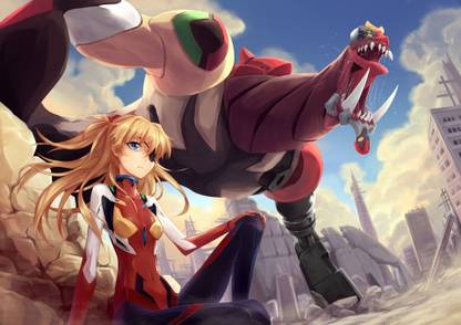 Athah Anime Neon Genesis Evangelion Asuka Langley Sohryu Creature Blonde Long Hair Blue Eyes Eye Patch 13*19 inches Wall Poster Matte Finish Paper Print