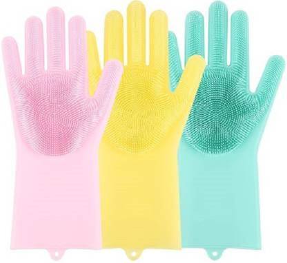 RDPLUS Washing Silicon Hand Gloves with Scrubber for Kitchen Cleaning, Utensils Wet and Dry Disposable Glove Set