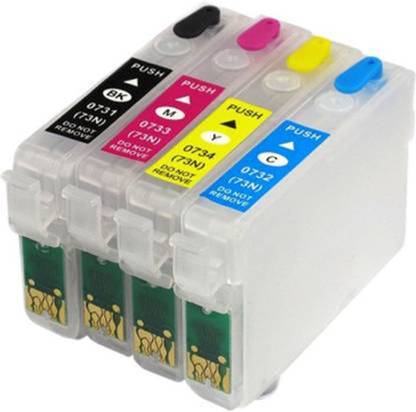 KAVYA Empty Refillable 73N Compatible Ink Cartridges For Epson T0731N / 732N / 733N / 733N For Use In Epson Stylus Printers C110, C79, C90, C92, CX3900, CX4900, CX5500, CX5600, CX5900, CX6900F, CX7300, CX8300, CX9300F, T10, T11, T20, T30, TX100, TX110, TX121, TX200 , TX210, TX220, TX300F, TX400, TX510FN, TX550W, TX600FW Black + Tri Color Combo Pack Ink Cartridge