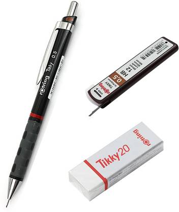 rotring Mechanical Clutch Pencil - 0.5 mm - Black With Colour Coding, 0.5 mm HB Hi-Polymer Pencil Leads Tube ( 1 Tube - 12 Leads ) And Eraser ( Tikky 20 ) Mechanical Pencil