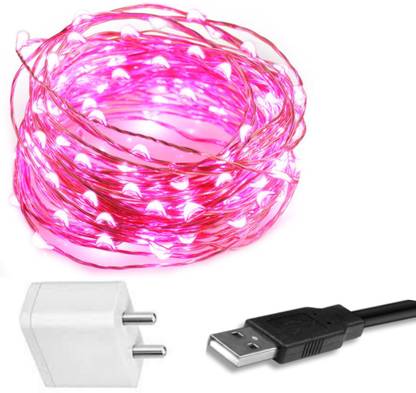 MANSAA® Copper String LED Lights Combo, 1 Pink Light, 1 USB Adaptor, 10 MTR 100 LED 100 LEDs 10.08 m Pink Steady String Rice Lights