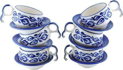 Tashveen Articles Pack of 6 Ceramic White and Blue Crawl Print Ceramic Cup and Saucer Set of 6