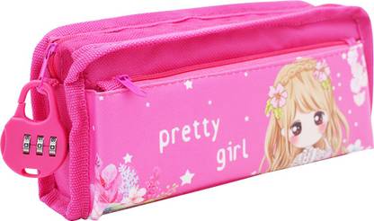 Quickk Designer Multipurpose Pencil Pouch With Password Lock , Cute Girls Design Art Polyester Pencil Box