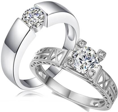 MYKI Spectacular Eiffel Tower Couple Rings Stainless Steel Swarovski Crystal Sterling Silver Plated Ring Set