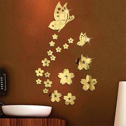 wall1ders Medium 21 Butterfly & Flower Golden (Size 58 cm x 35 cm) thickness 1.5 mm premium quality, 3D Acrylic Mirror wall stickers, 3d acrylic sticker, 3d mirror sticker for home & offices. (Pack of 1)