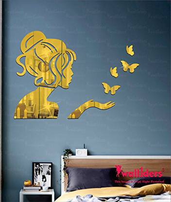 wall1ders 50.8 cm Angel & 4 Butterflies Golden 3D Acrylic Mirror Wall Sticker for Home & Office Self Adhesive Sticker