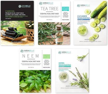 मिराबेल कॉस्मेटिक्स कोरिया ACNE PRONE SKIN FACE SHEET MASK COMBO PACK OF 5 (25 ml)