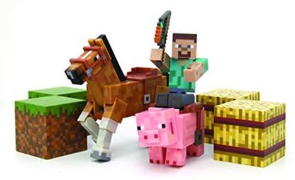 Minecraft Figure Set Overworld Saddle Pack (Steve WWhip Chestnut Horse , Pig WSaddle , 2 X Hay Bale , 2 X Grass Blocks)