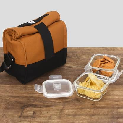 Femora Borosilicate Glass Square Container Camel Black Lunch Box- 300 ML, Set of 2 2 Containers Lunch Box