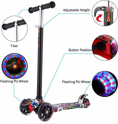 MDN Kids 3 Wheel Adjustable Height Mini Kick Scooter with LED Light Up Wheels