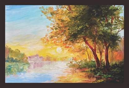 Mad Masters Oil Painting Landscape, River in The Spring Forest with Sunset, Afternoon Framed Painting (Wood, 18 inch x 12 inch, Textured UV Reprint)(Mad R1 1493) Oil 12 inch x 18 inch Painting