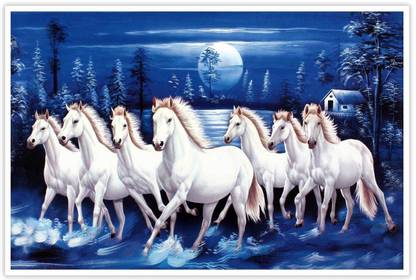 Seven Horses Running in blue moon light Paper Poster Paper Print