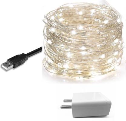 MANSAA® Copper String LED Lights Combo, 1 Cool White Light, 1 USB Adaptor, 10 MTR 100 LED 100 LEDs 10.08 m Silver, White Steady String Rice Lights