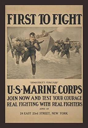 Mad Masters WWI. American recruiting poster showing marines storming a beach. Text reads, 'Democracy's vanguard' and 'Join now and test your courage - Real fighting with real fighters'. 1917. Framed Painting (Wood, 18 inch x 12 inch, Textured UV Reprint)(Mad R1 1280) Oil 18 inch x 12 inch Painting