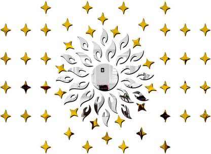 Bikri Kendra 100 cm sun silver with 50 star golden - 3D acrylic mirror wall stickers Self Adhesive Sticker