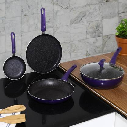 BERGNER Bergner Iris 5 Pcs Cookware Set (Wok-24 Cm, Frypan-24 Cm, Tawa-25 Cm, Mini Pan-14 Cm) Induction Bottom Non-Stick Coated Cookware Set