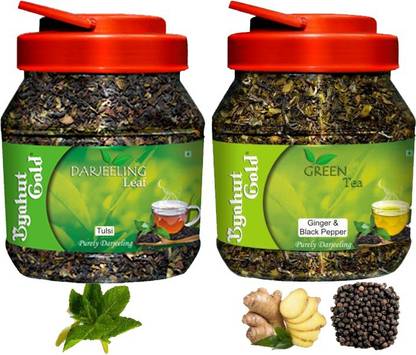 Byahut Gold Tulsi Darjeeling Leaf and Ginger Black Pepper Green Tea Ginger, Black Pepper, Tulsi Green Tea Mason Jar