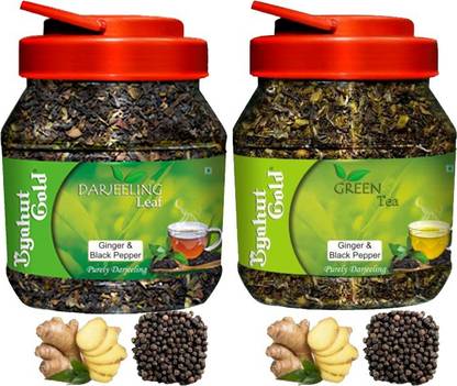Byahut Gold Ginger Black Pepper Darjeeling Leaf and Ginger Black Pepper Green Tea Ginger, Black Pepper Green Tea Mason Jar