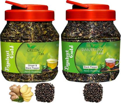 Byahut Gold Ginger Black Pepper Green Tea and Black Pepper Darjeeling Leaf Ginger, Tulsi Green Tea Mason Jar