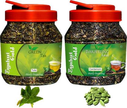 Byahut Gold Tulsi Green Tea and Cardamom Darjeeling Leaf Cardamom, Tulsi Green Tea Mason Jar