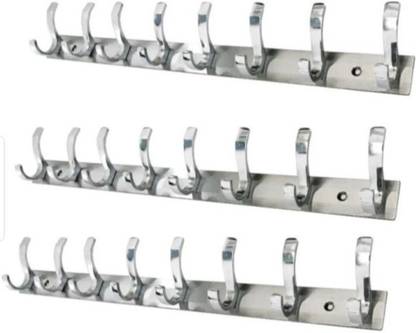 deeplax KHUNTI SET OF 3 STAINLESS STEEL PREMIUM CHROME FINISH 8 HOOKS CLOTHES HANGER BATHROOMS WALL DOOR HOOKS FOR HANGING CLOTHES AND TOWELS KEYS 8 PRONGED HOOK RAIL (CHROME FINISH PACK OF 3 Swivel Hook 8