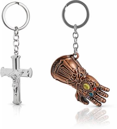 Gold Era Thanos Gauntlet Key Chain & Jesus on Cross Keychain (Silver) Key Chain
