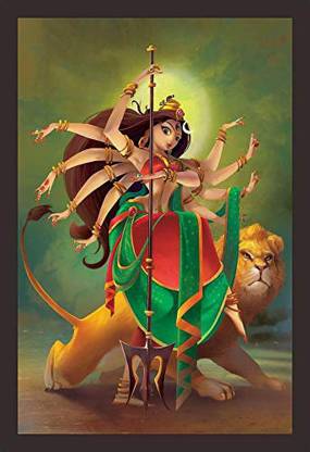 Mad Masters Maa Durga Art in Cartoon Style 1 Piece Wooden Framed Painting |Wall Art | Home Décor | Painting Art | Unique Design | Attractive Frames(Mad R1 2793) Oil 18 inch x 12 inch Painting