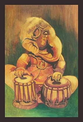 INCREDIBLEFACTORY Lord Ganesha Playing Tabla 1 Piece Wooden Framed Painting |Wall Art | Home Décor | Painting Art | Unique Design | Attractive Frames(Mad R1 2826) Oil 18 inch x 12 inch Painting