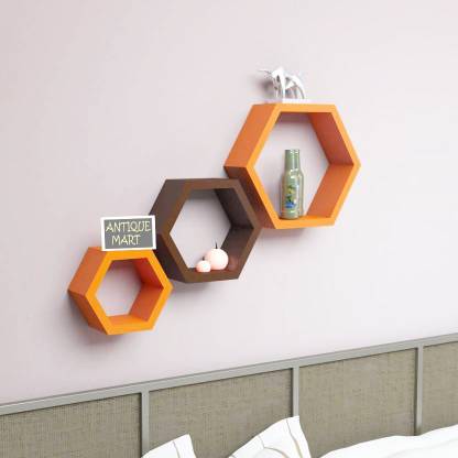 ANTIQUE MART Hexagonal Rack Shelf Wooden Wall Shelf (Number of Sh