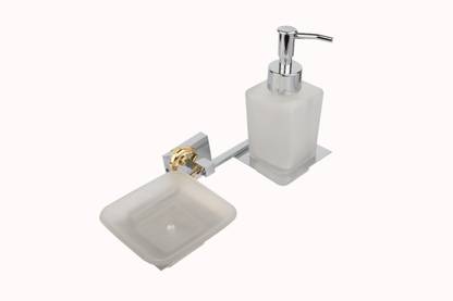 CASA Delfin Glass Soap Dish & Shampoo Bottle Combo Brass Bathroom Set