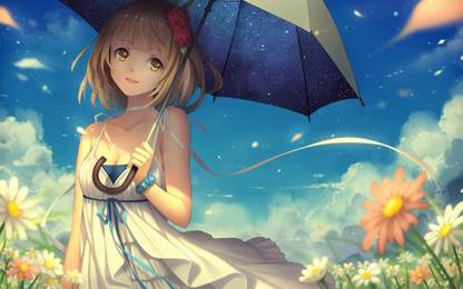 Athah Anime Girl Umbrella Flower Field 13*19 inches Wall Poster Matte Finish Paper Print